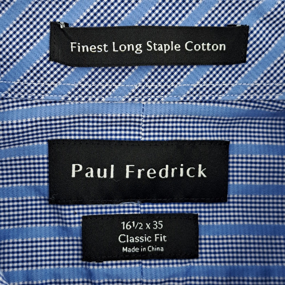 Paul Fredrick Classic Fit Dress Shirt Mens 16.5 x 35 Cotton Blue Striped Check - Picture 2 of 9